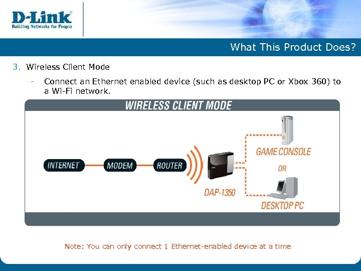 What This Product Does? 3. Wireless Client Mode - Connect an Ethernet enabled device