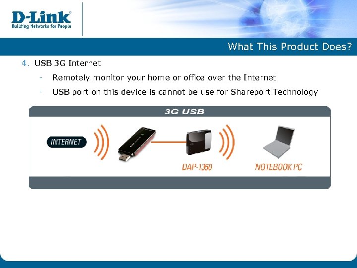 What This Product Does? 4. USB 3 G Internet - Remotely monitor your home