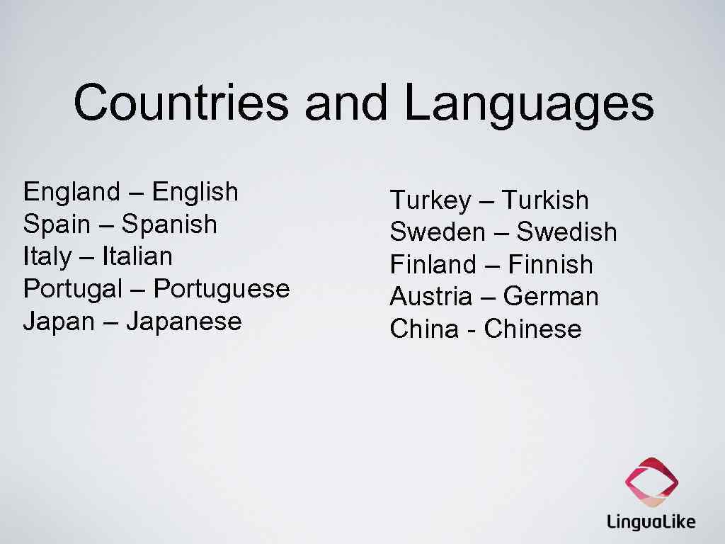 Countries and Languages England – English Spain – Spanish Italy – Italian Portugal –