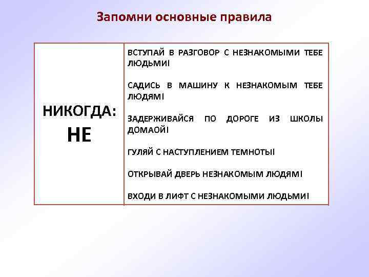 Запомни основные правила ВСТУПАЙ В РАЗГОВОР С НЕЗНАКОМЫМИ ТЕБЕ ЛЮДЬМИ! НИКОГДА: НЕ САДИСЬ В