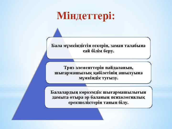 Міндеттері: Бала мүмкіндіггін ескеріп, заман талабына сай білім беру. Триз элементтерін пайдаланып, шығармашылық қабілетінің