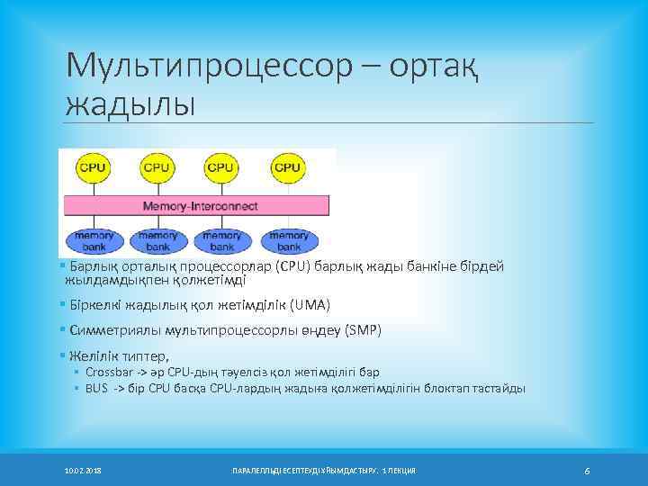Мультипроцессор – ортақ жадылы § Барлық орталық процессорлар (CPU) барлық жады банкіне бірдей жылдамдықпен