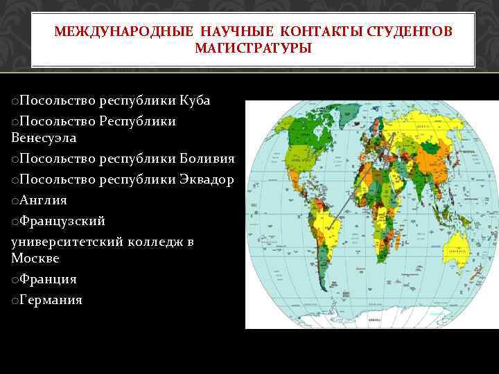 МЕЖДУНАРОДНЫЕ НАУЧНЫЕ КОНТАКТЫ СТУДЕНТОВ МАГИСТРАТУРЫ o. Посольство республики Куба o. Посольство Республики Венесуэла o.