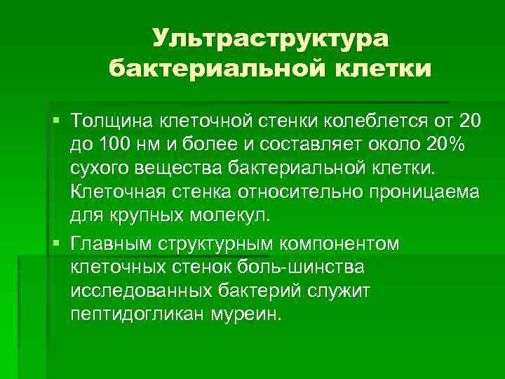 Ультраструктура бактериальной клетки § Толщина клеточной стенки колеблется от 20 до 100 нм и