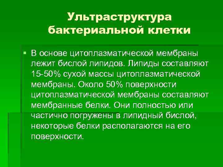 Ультраструктура бактериальной клетки § В основе цитоплазматической мембраны лежит бислой липидов. Липиды составляют 15