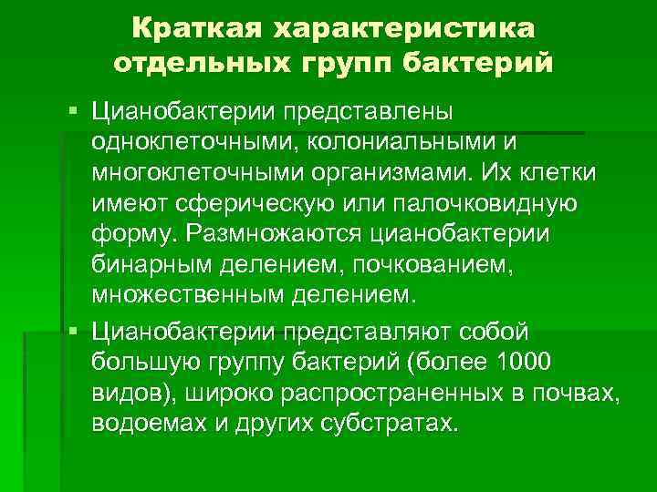 Краткая характеристика отдельных групп бактерий § Цианобактерии представлены одноклеточными, колониальными и многоклеточными организмами. Их