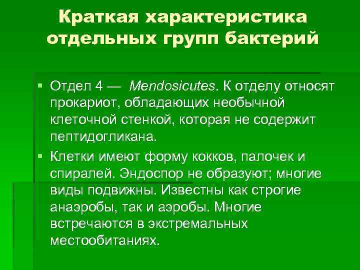Краткая характеристика отдельных групп бактерий § Отдел 4 — Mendosicutes. К отделу относят прокариот,