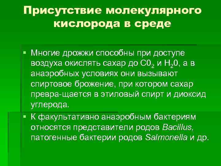 Присутствие молекулярного кислорода в среде § Многие дрожжи способны при доступе воздуха окислять сахар