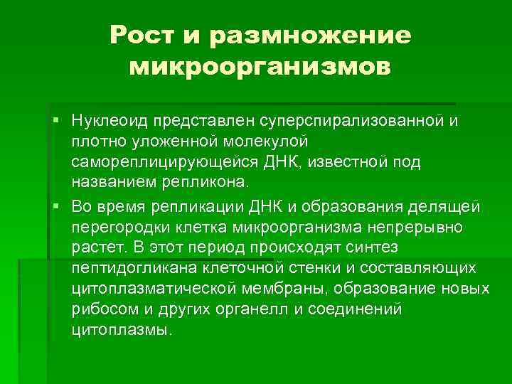 Рост и размножение микроорганизмов § Нуклеоид представлен суперспирализованной и плотно уложенной молекулой самореплицирующейся ДНК,