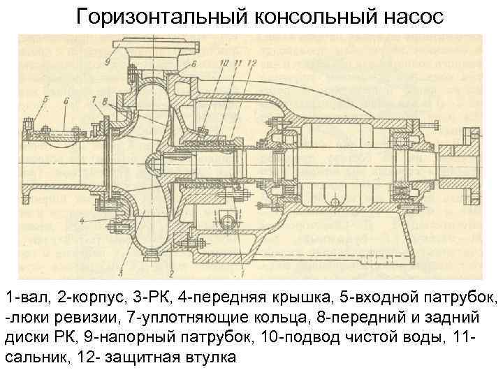 Горизонтальный консольный насос 1 -вал, 2 -корпус, 3 -РК, 4 -передняя крышка, 5 -входной