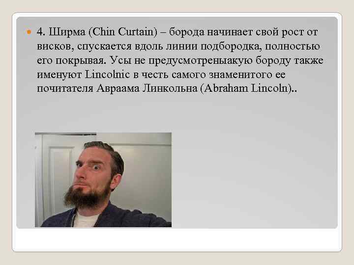  4. Ширма (Chin Curtain) – борода начинает свой рост от висков, спускается вдоль