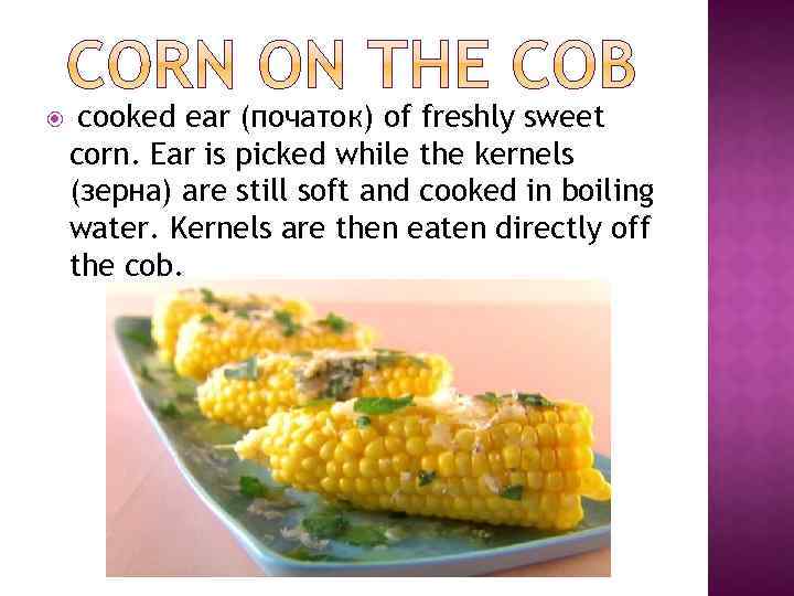  cooked ear (початок) of freshly sweet corn. Ear is picked while the kernels