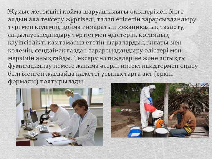 Жұмыс жетекшісі қойма шаруашылығы өкілдерімен бірге алдын ала тексеру жүргізеді, талап етілетін зарарсыздандыру түрі