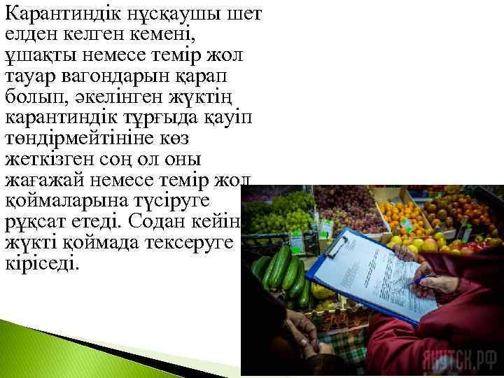 Карантиндік нұсқаушы шет елден келген кемені, ұшақты немесе темір жол тауар вагондарын қарап болып,