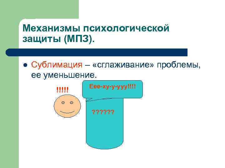 Механизмы психологической защиты (МПЗ). l Сублимация – «сглаживание» проблемы, ее уменьшение. !!!!! Еее-ху-у-ууу!!!! ?