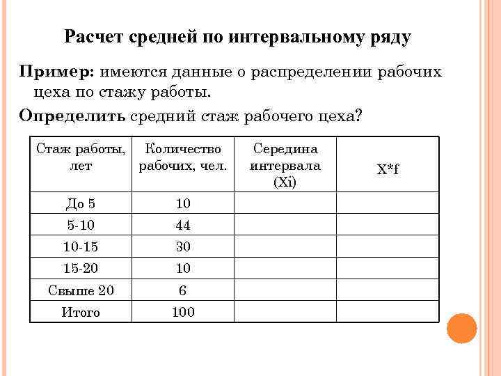 Расчет средней по интервальному ряду Пример: имеются данные о распределении рабочих цеха по стажу