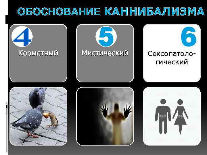 ОБОСНОВАНИЕ КАННИБАЛИЗМА Корыстный Мистический Сексопатологический 