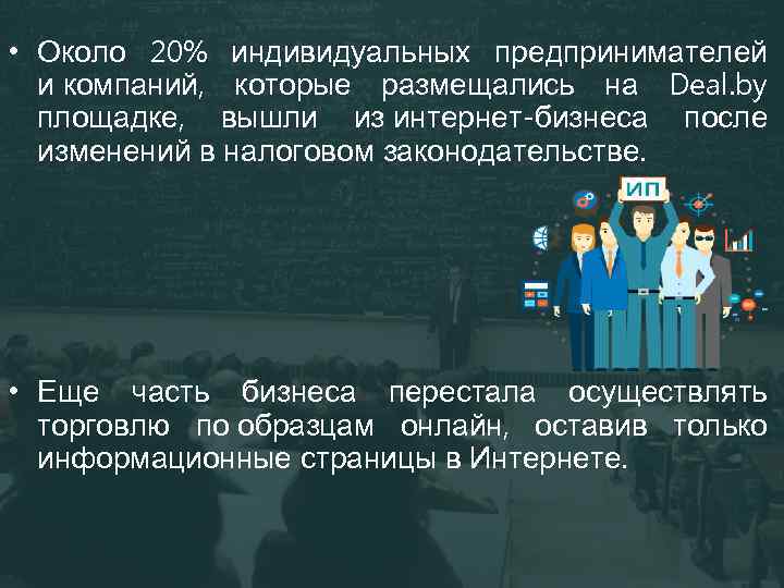  • Около 20% индивидуальных предпринимателей и компаний, которые размещались на Deal. by площадке,