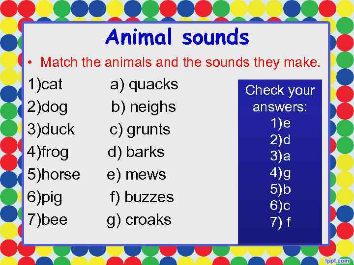 Animal sounds • Match the animals and the sounds they make. 1)cat 2)dog 3)duck
