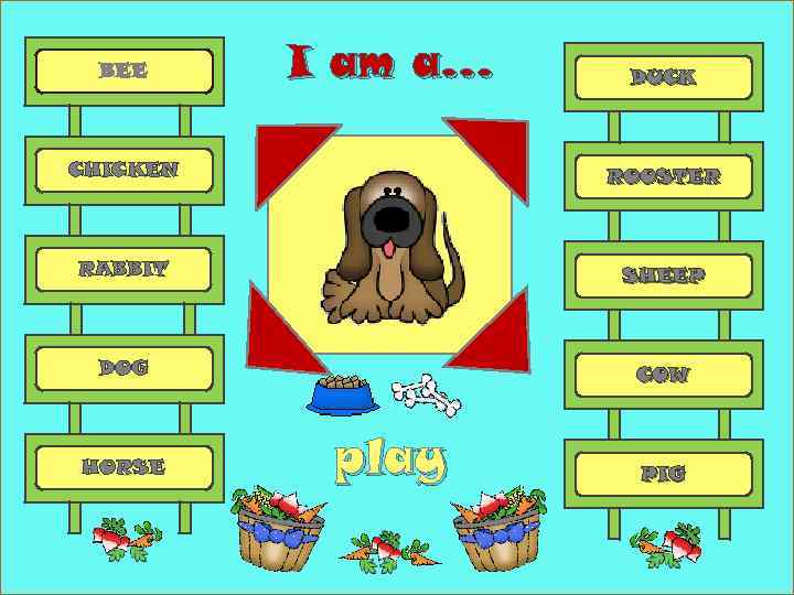 BEE I am a… DUCK CHICKEN ROOSTER RABBIT SHEEP DOG COW HORSE play PIG