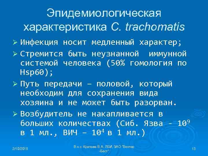 Эпидемиологическая характеристика C. trachomatis Ø Инфекция носит медленный характер; Ø Стремится быть неузнанной иммунной