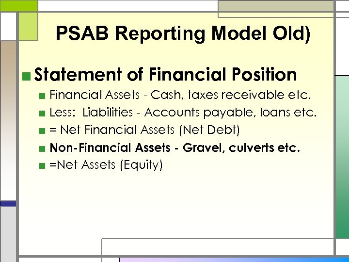 PSAB Reporting Model Old) ■ Statement of Financial Position ■ Financial Assets - Cash,