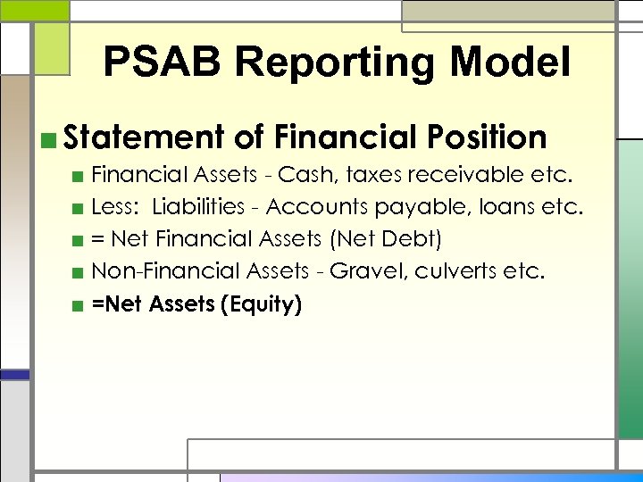 PSAB Reporting Model ■ Statement of Financial Position ■ Financial Assets - Cash, taxes