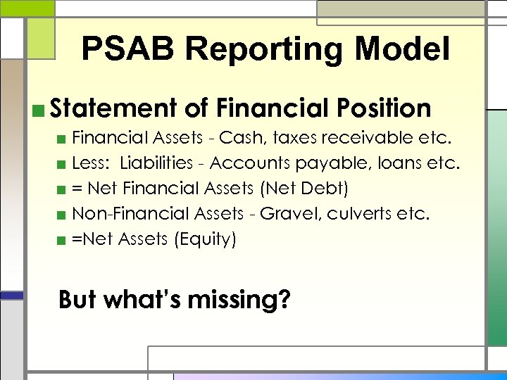 PSAB Reporting Model ■ Statement of Financial Position ■ Financial Assets - Cash, taxes