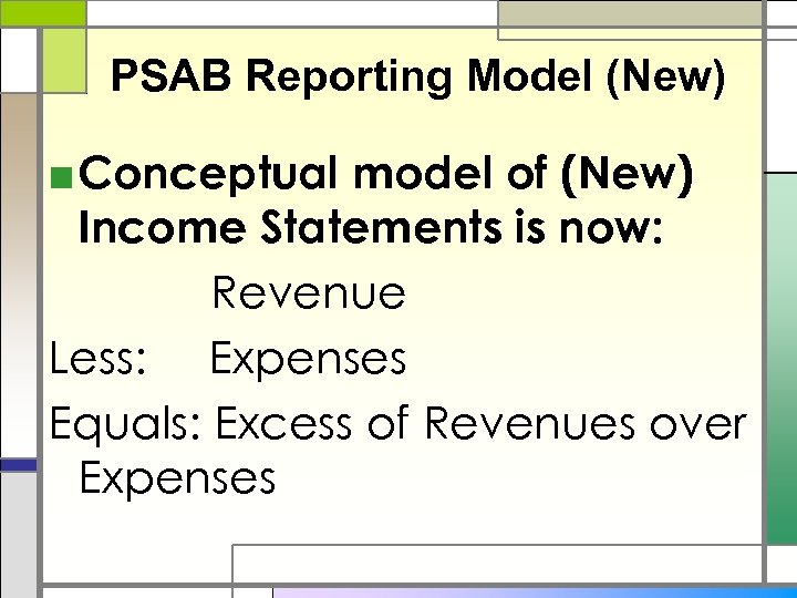 PSAB Reporting Model (New) ■ Conceptual model of (New) Income Statements is now: Revenue