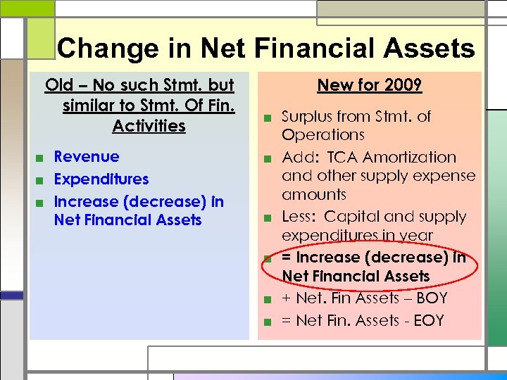 Change in Net Financial Assets Old – No such Stmt. but similar to Stmt.