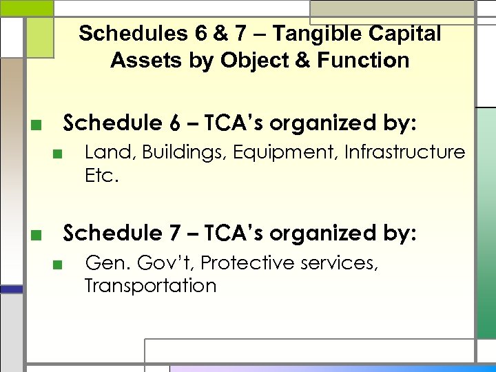 Schedules 6 & 7 – Tangible Capital Assets by Object & Function ■ Schedule