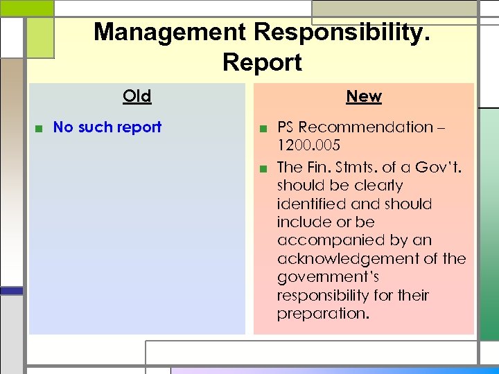 Management Responsibility. Report Old ■ No such report New ■ PS Recommendation – 1200.