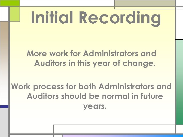 Initial Recording More work for Administrators and Auditors in this year of change. Work