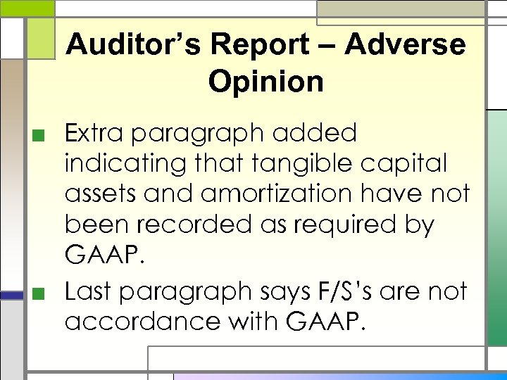 Auditor’s Report – Adverse Opinion ■ Extra paragraph added indicating that tangible capital assets