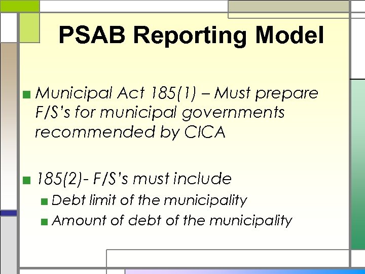 PSAB Reporting Model ■ Municipal Act 185(1) – Must prepare F/S’s for municipal governments