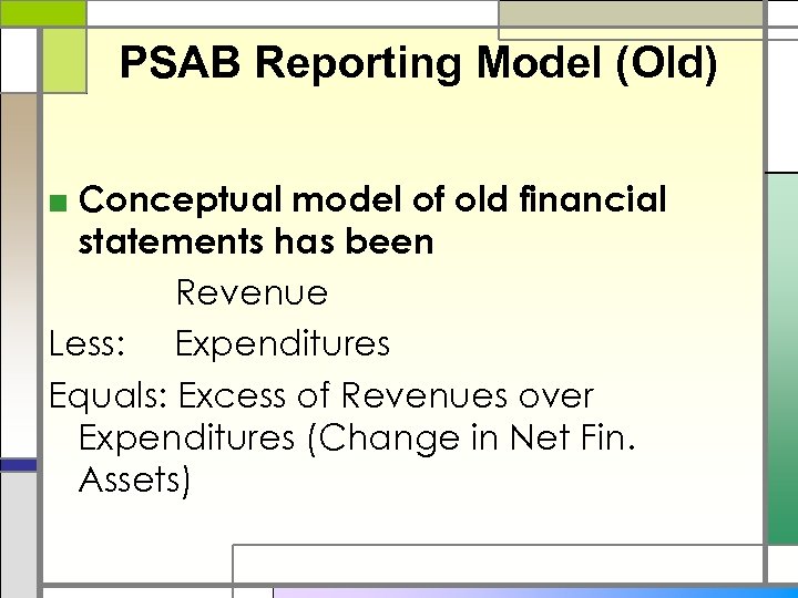 PSAB Reporting Model (Old) ■ Conceptual model of old financial statements has been Revenue