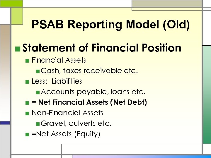 PSAB Reporting Model (Old) ■ Statement of Financial Position ■ Financial Assets ■ Cash,