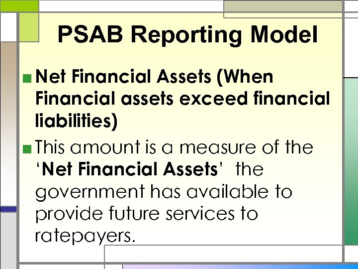 PSAB Reporting Model ■ Net Financial Assets (When Financial assets exceed financial liabilities) ■