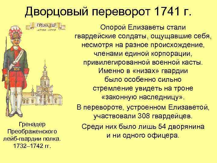 Дворцовый переворот 1741 г. Гренадер Преображенского лейб-гвардии полка. 1732– 1742 гг. Опорой Елизаветы стали