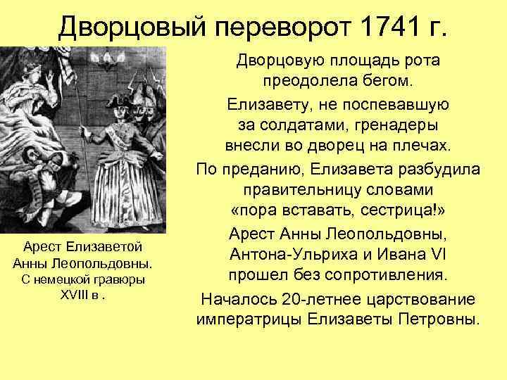 Дворцовый переворот 1741 г. Арест Елизаветой Анны Леопольдовны. С немецкой гравюры XVIII в. Дворцовую
