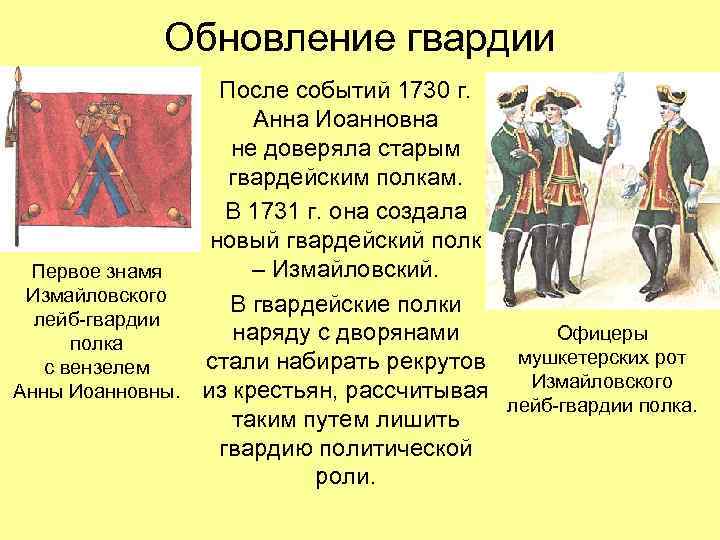 Обновление гвардии После событий 1730 г. Анна Иоанновна не доверяла старым гвардейским полкам. В