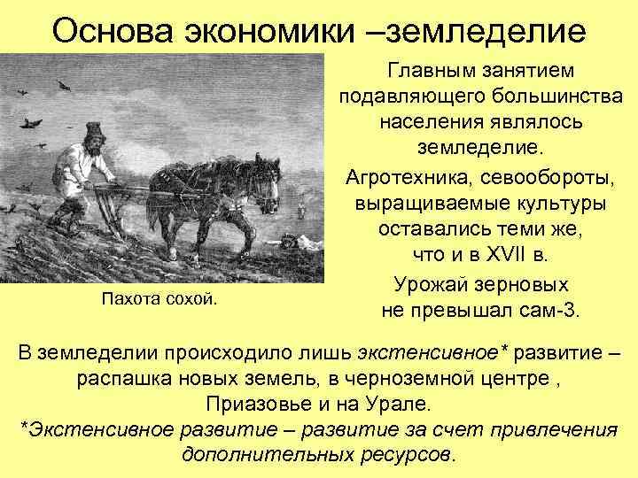 Основа экономики –земледелие Пахота сохой. Главным занятием подавляющего большинства населения являлось земледелие. Агротехника, севообороты,