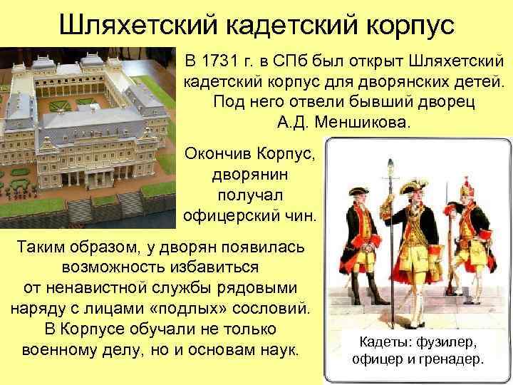 Шляхетский кадетский корпус В 1731 г. в СПб был открыт Шляхетский кадетский корпус для