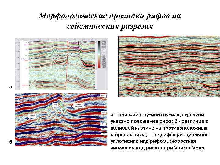 Морфологические признаки рифов на сейсмических разрезах а – признак «мутного пятна» , стрелкой указано