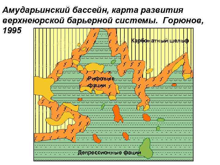 Амударьинский бассейн, карта развития верхнеюрской барьерной системы. Горюнов, 1995 Карбонатный шельф Рифовые фации Депрессионные