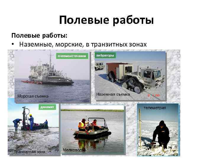 Полевые работы: • Наземные, морские, в транзитных зонах 