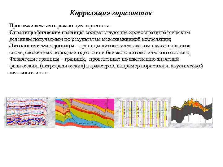 Корреляция горизонтов Прослеживаемые отражающие горизонты: Стратиграфические границы соответствующие хроностратиграфическим делениям получаемым по результатам межскважинной