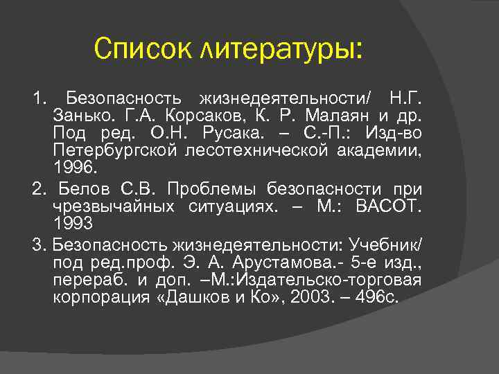 Список литературы: 1. Безопасность жизнедеятельности/ Н. Г. Занько. Г. А. Корсаков, К. Р. Малаян