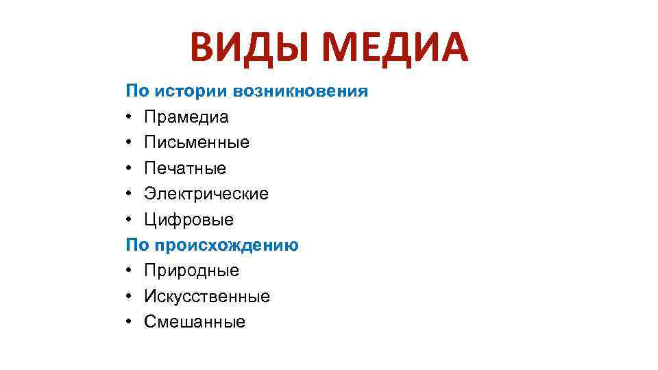 ВИДЫ МЕДИА По истории возникновения • Прамедиа • Письменные • Печатные • Электрические •