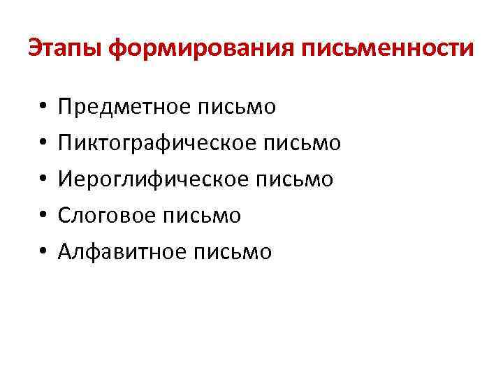 Этапы формирования письменности • • • Предметное письмо Пиктографическое письмо Иероглифическое письмо Слоговое письмо